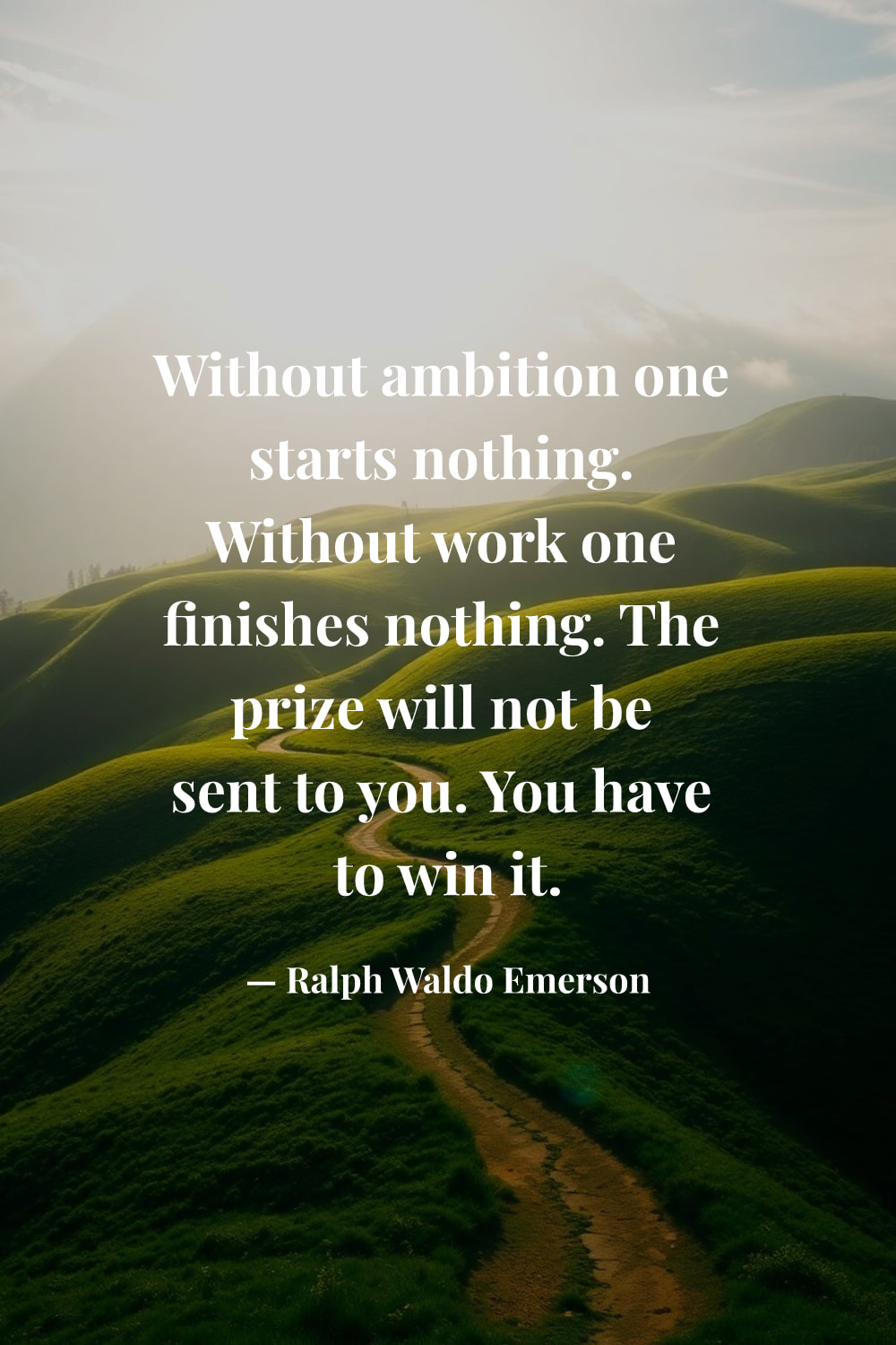 AI-generated quote image with an expansive, open landscape behind Emerson text about ambition and work — visual metaphor for striving toward a goal