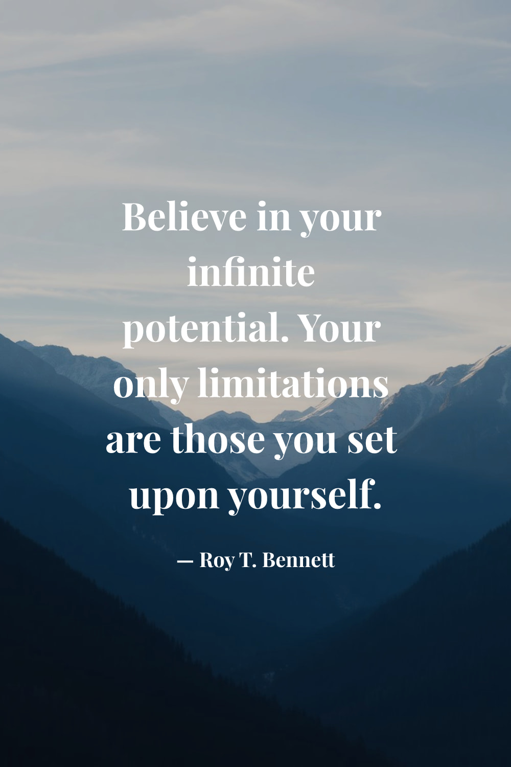 AI-generated quote image with a tranquil mountain landscape and open horizons behind Bennett text on infinite potential and self-imposed limits